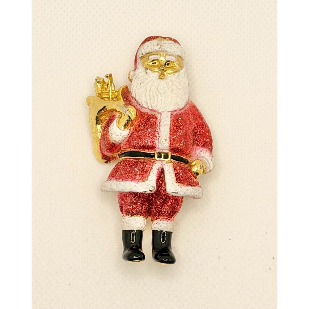 Vintage AJC Santa Claus Brooch Glitter Enamel Gold Tone Christmas Holiday Pin